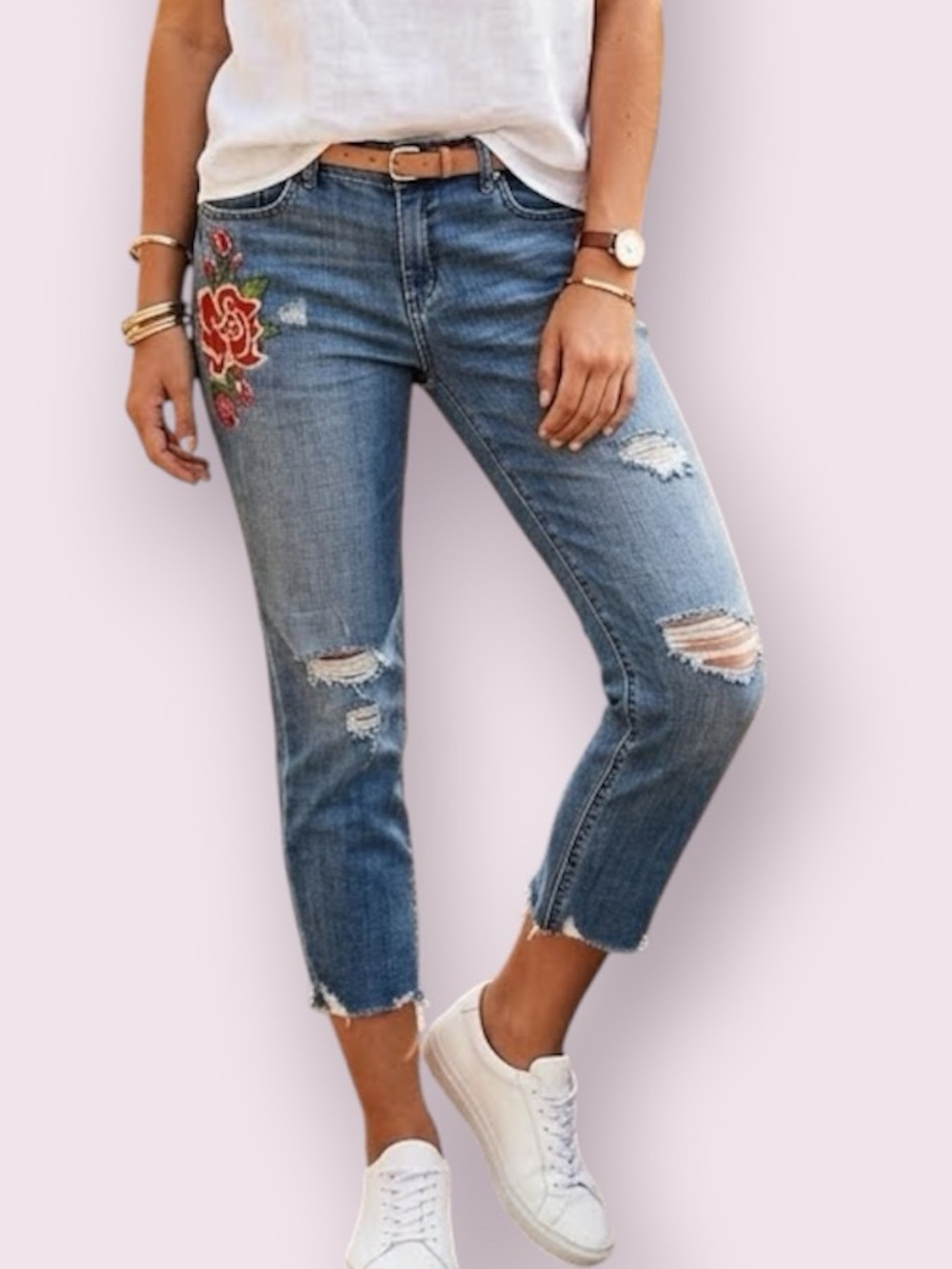 Blank NYC Crop Girlfriend Bobo Floral Embroidered Jeans Distressed Denim Blue 28